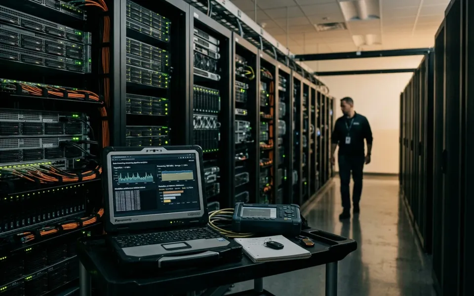 Data center corporativo e terminal de diagnóstico monitorando telemetria e pipelines de dados