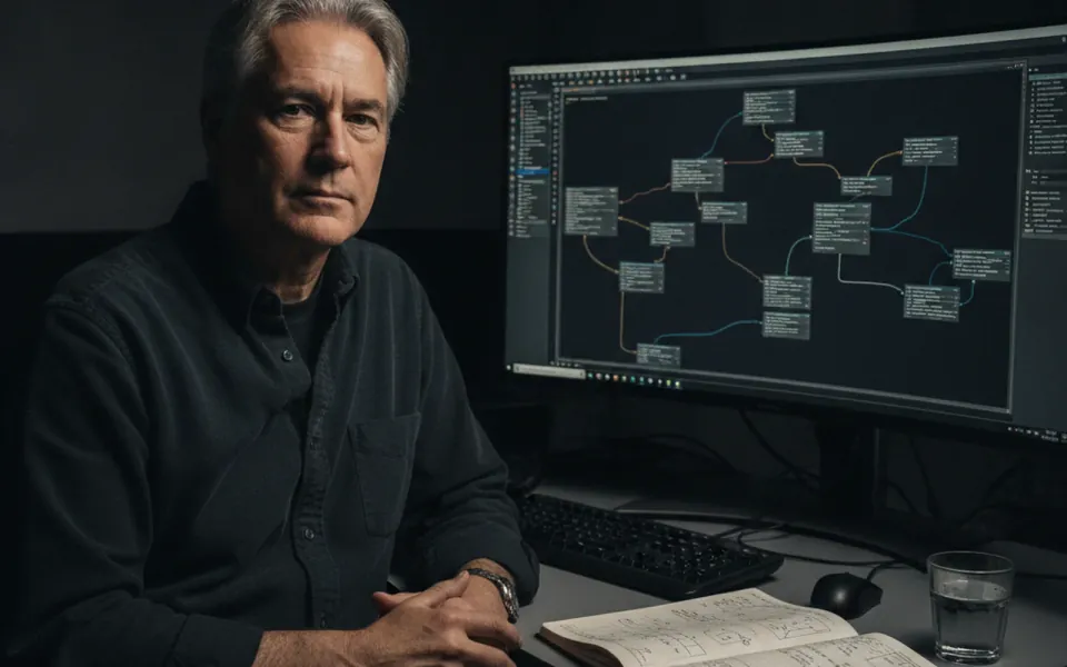 Arquiteto veterano analisando topologia de sistemas distribuídos sob iluminação sutil